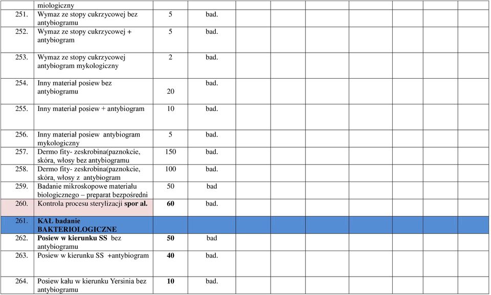 Dermo fity- zeskrobina(paznokcie, 150 skóra, włosy bez 258. Dermo fity- zeskrobina(paznokcie, 100 skóra, włosy z antybiogram 259.