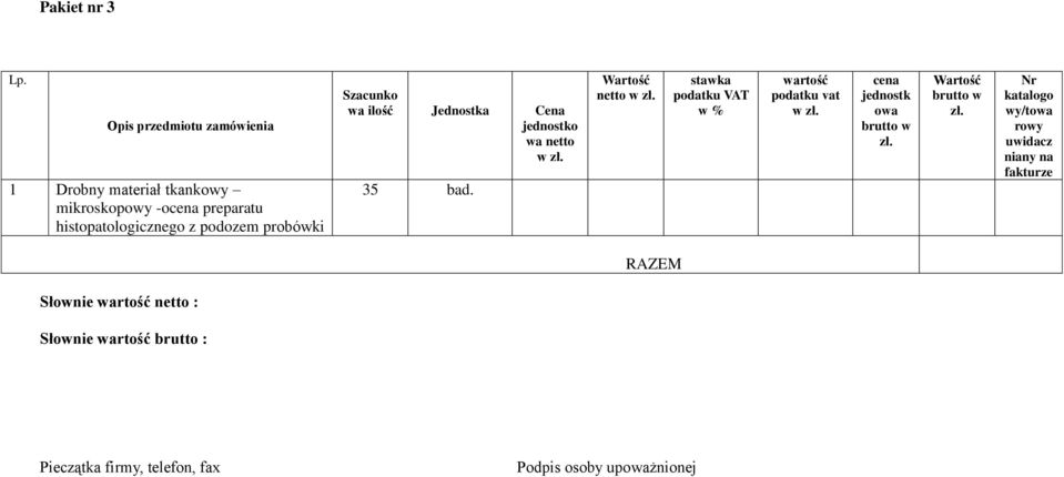 probówki Szacunko wa ilość Jednostka Cena jednostko wa netto w zł. 35 Wartość netto w zł.
