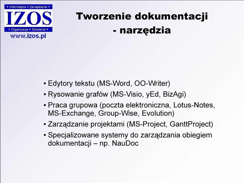 Lotus-Notes, MS-Exchange, Group-Wise, Evolution) Zarządzanie projektami