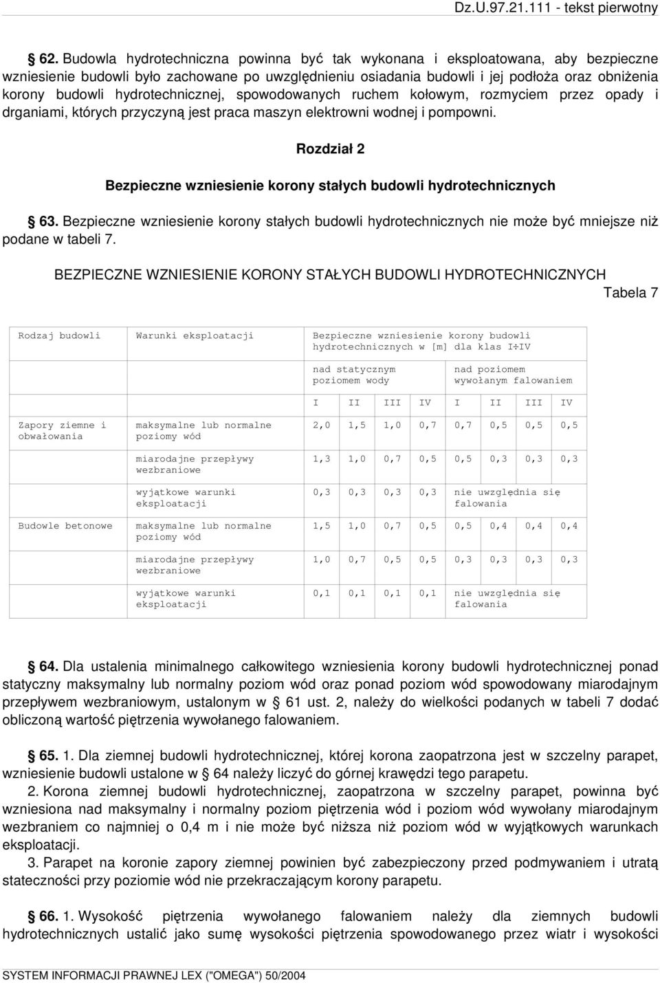 Rozdział 2 Bezpieczne wzniesienie korony stałych budowli hydrotechnicznych 63. Bezpieczne wzniesienie korony stałych budowli hydrotechnicznych nie może być mniejsze niż podane w tabeli 7.