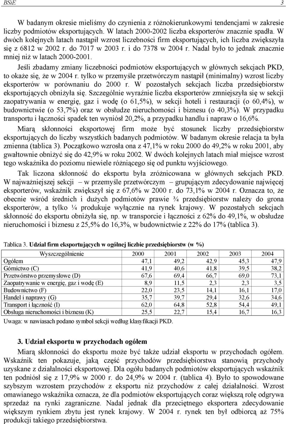 Nadal było to jednak znacznie mniej niż w latach 2000-2001. Jeśli zbadamy zmiany liczebności podmiotów eksportujących w głównych sekcjach PKD, to okaże się, że w 2004 r.