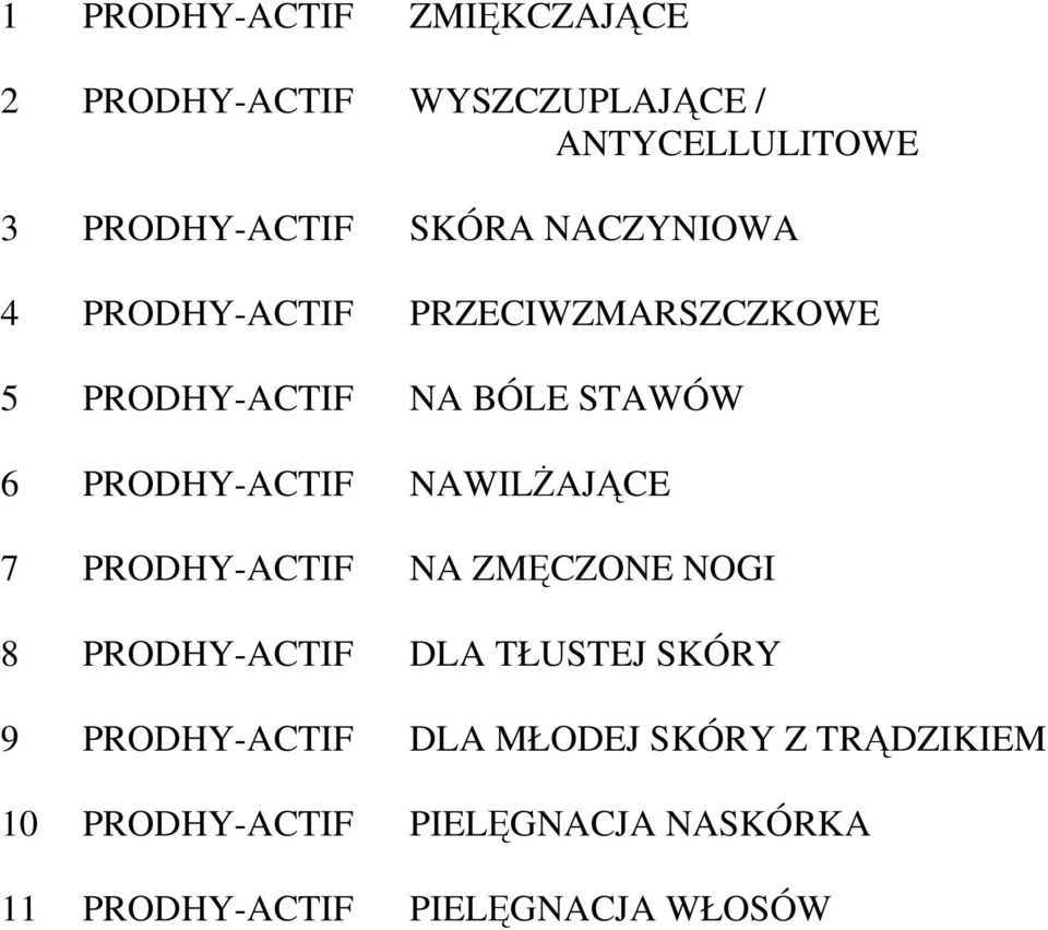 PRODHY-ACTIF NAWILŻAJĄCE 7 PRODHY-ACTIF NA ZMĘCZONE NOGI 8 PRODHY-ACTIF DLA TŁUSTEJ SKÓRY 9
