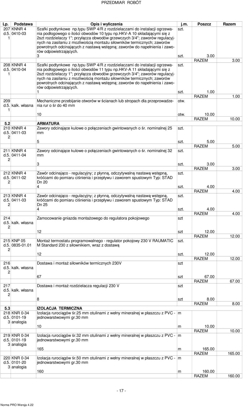 wstępną; zaworów do napełnienia i zaworów odpowietrzających..00 08 KNNR d.. 00-0 09 d.. kalk. własna. ARMATURA 0 KNNR d.. 0-0 KNNR d.. 0-0 KNNR d.. 0-0 KNNR d.. 0-0 d.. kalk. własna KNP 0 d.. 08-0.