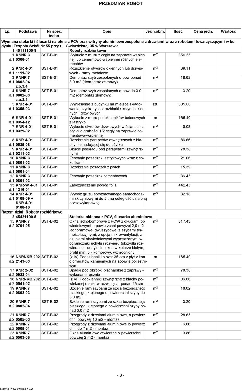 Gwiaździstej 35 w Warszawie 1 45111100-9 Roboty rozbiórkowe KNNR 3 SST-B-01 0306-01 1 d.1 2 KNR 4-01 d.1 1111-02 3 KNNR 7 d.1 0802-04 z.o.3.4. 4 KNNR 7 d.1 0802-03 z.o.3.4. 5 KNR 4-01 d.