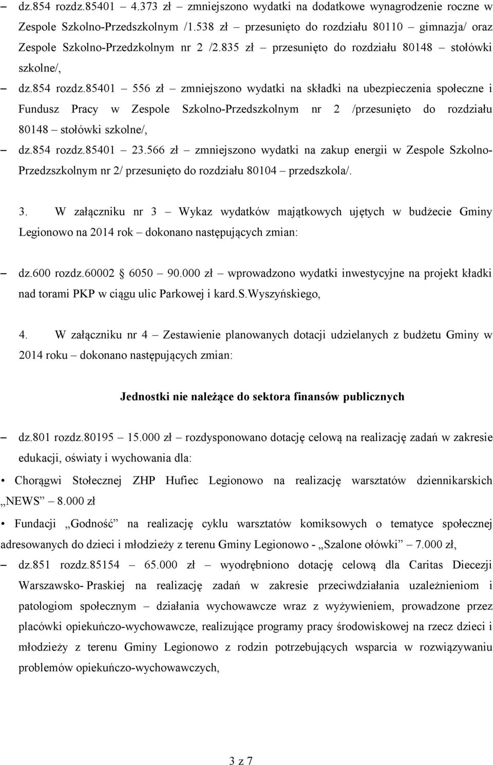 85401 556 zł zmniejszono wydatki na składki na ubezpieczenia społeczne i Fundusz Pracy w Zespole Szkolno-Przedszkolnym nr 2 /przesunięto do rozdziału 80148 stołówki szkolne/, dz.854 rozdz.85401 23.