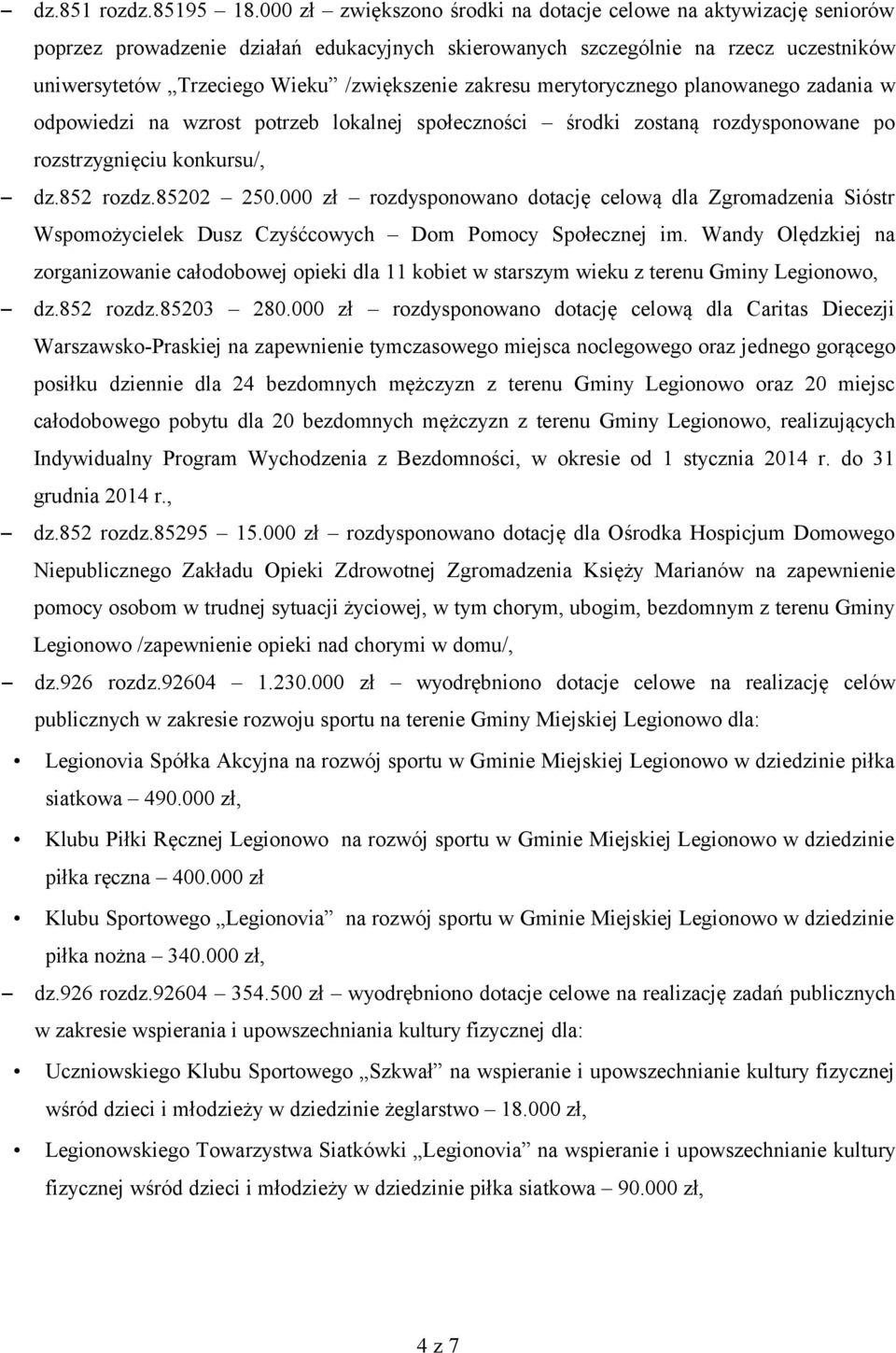 zakresu merytorycznego planowanego zadania w odpowiedzi na wzrost potrzeb lokalnej społeczności środki zostaną rozdysponowane po rozstrzygnięciu konkursu/, dz.852 rozdz.85202 250.