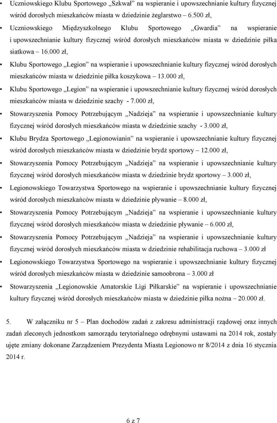 000 zł, Klubu Sportowego Legion na wspieranie i upowszechnianie kultury fizycznej wśród dorosłych mieszkańców miasta w dziedzinie piłka koszykowa 13.