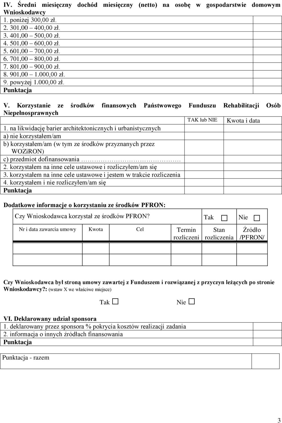 Korzystanie ze środków finansowych Państwowego Funduszu Rehabilitacji Osób Niepełnosprawnych TAK lub NIE Kwota i data 1.