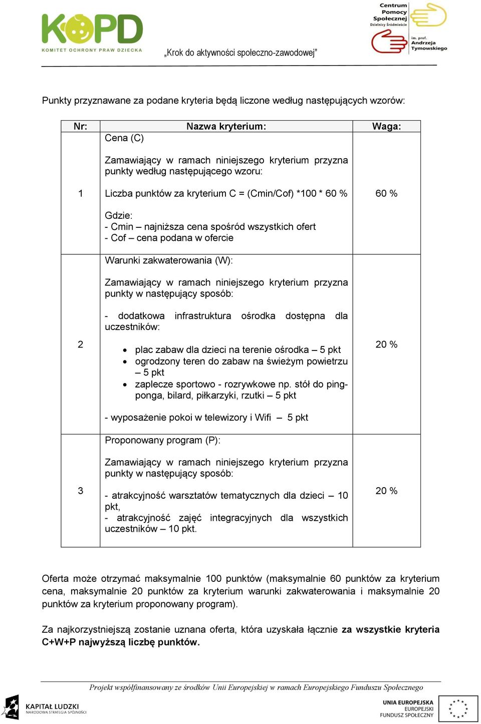 niniejszego kryterium przyzna punkty w następujący sposób: - dodatkowa infrastruktura ośrodka dostępna dla uczestników: plac zabaw dla dzieci na terenie ośrodka 5 pkt ogrodzony teren do zabaw na