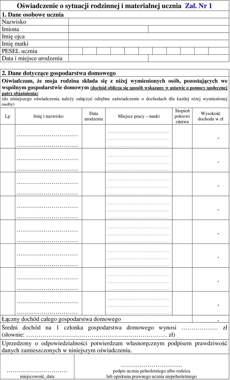 pomocy społecznej patrz objaśnienia) (do niniejszego oświadczenia naleŝy załączyć odrębne zaświadczenie o dochodach dla kaŝdej niŝej wymienionej osoby) Lp Imię i nazwisko Data urodzenia Miejsce pracy