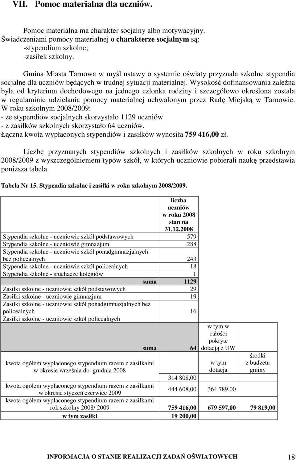 Wysokość dofinansowania zaleŝna była od kryterium dochodowego na jednego członka rodziny i szczegółowo określona została w regulaminie udzielania pomocy materialnej uchwalonym przez Radę Miejską w