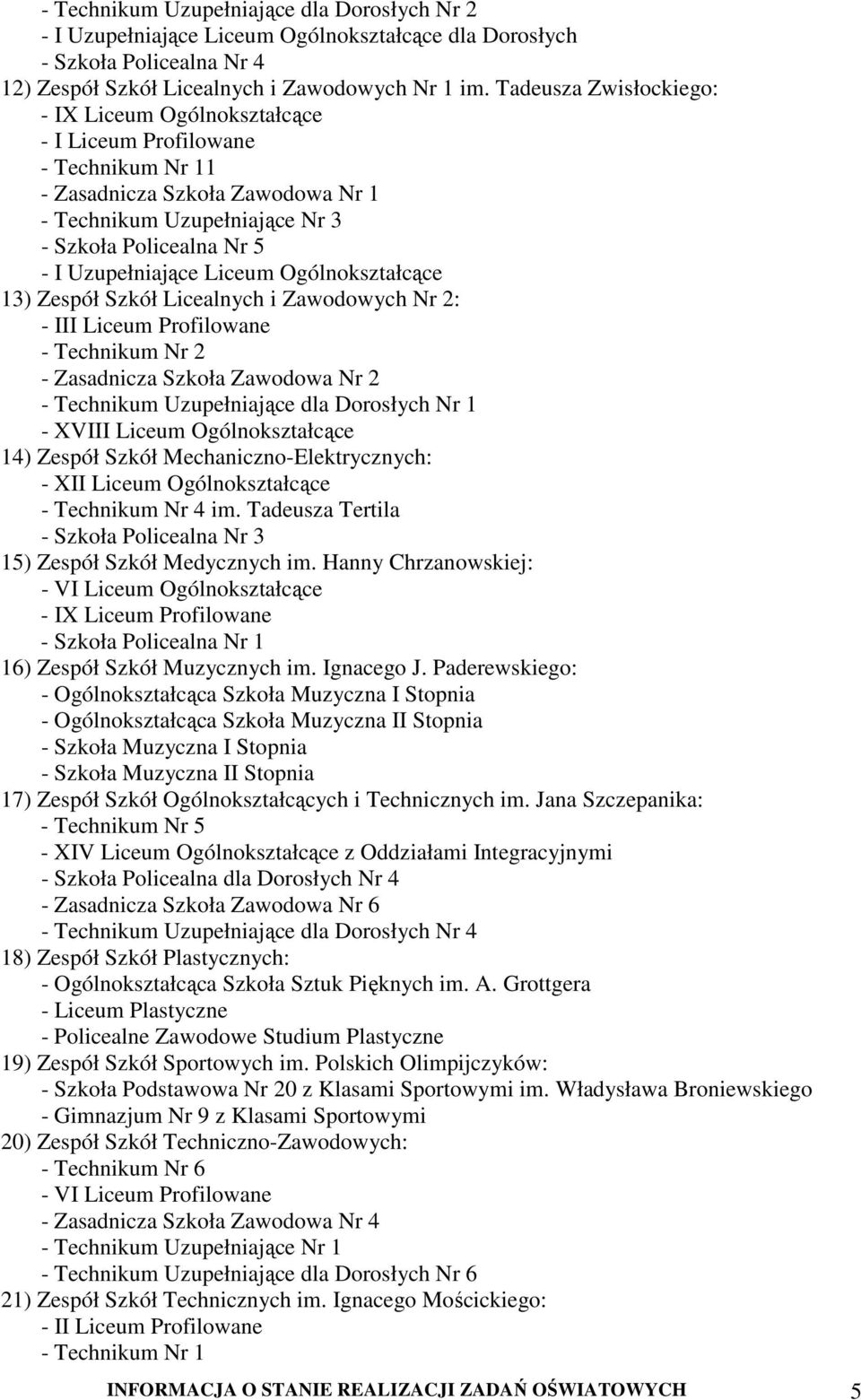 Uzupełniające Liceum Ogólnokształcące 13) Zespół Szkół Licealnych i Zawodowych Nr 2: - III Liceum Profilowane - Technikum Nr 2 - Zasadnicza Szkoła Zawodowa Nr 2 - Technikum Uzupełniające dla