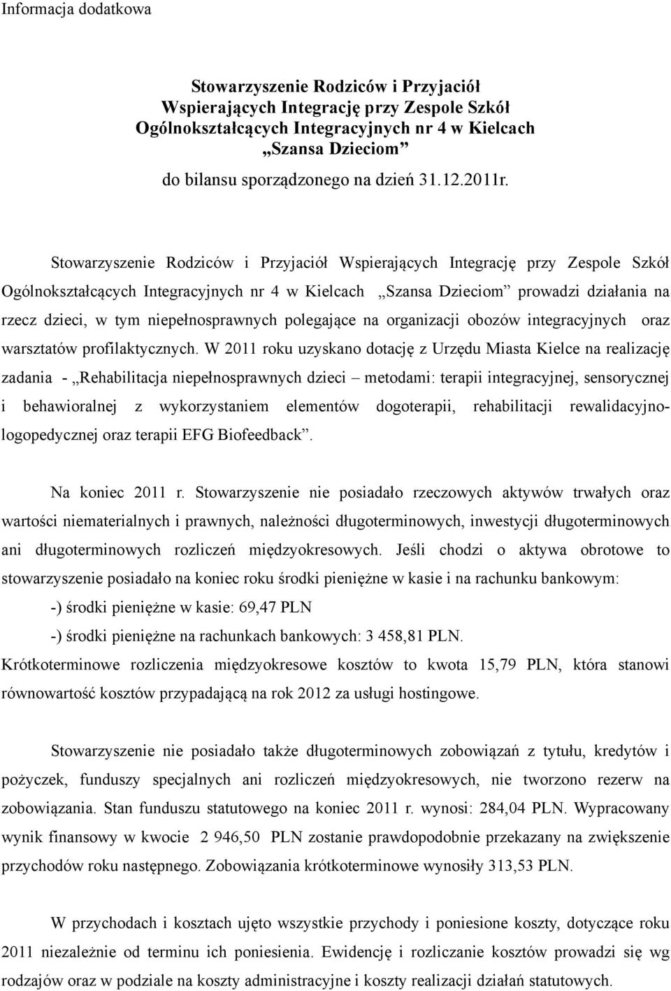 Stowarzyszenie Rodziców i Przyjaciół Wspierających Integrację przy Zespole Szkół Ogólnokształcących Integracyjnych nr 4 w Kielcach Szansa Dzieciom prowadzi działania na rzecz dzieci, w tym