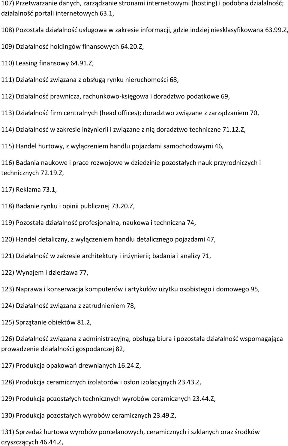 Z, 111) Działalność związana z obsługą rynku nieruchomości 68, 112) Działalność prawnicza, rachunkowo-księgowa i doradztwo podatkowe 69, 113) Działalność firm centralnych (head offices); doradztwo