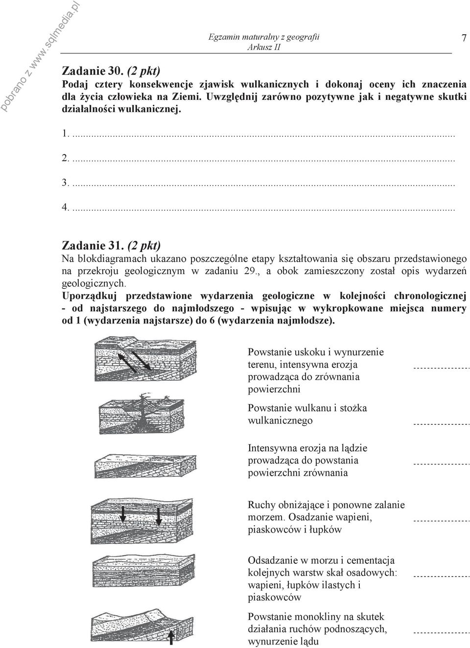 (2 pkt) Na blokdiagramach ukazano poszczególne etapy kształtowania si obszaru przedstawionego na przekroju geologicznym w zadaniu 29., a obok zamieszczony został opis wydarze geologicznych.