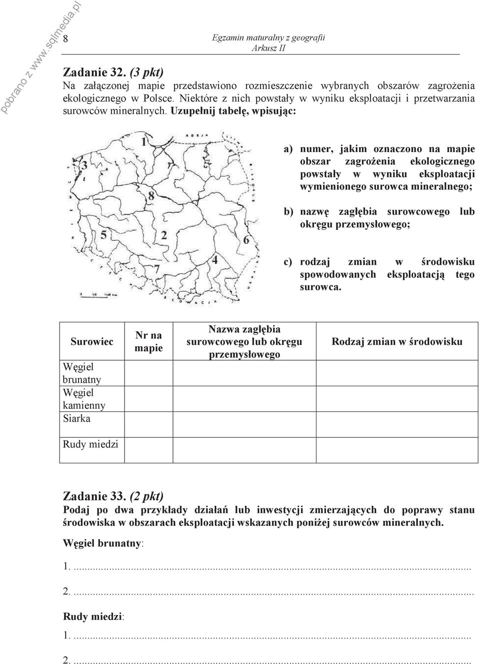 Uzupełnij tabel, wpisujc: a) numer, jakim oznaczono na mapie obszar zagroenia ekologicznego powstały w wyniku eksploatacji wymienionego surowca mineralnego; b) nazw zagłbia surowcowego lub okrgu