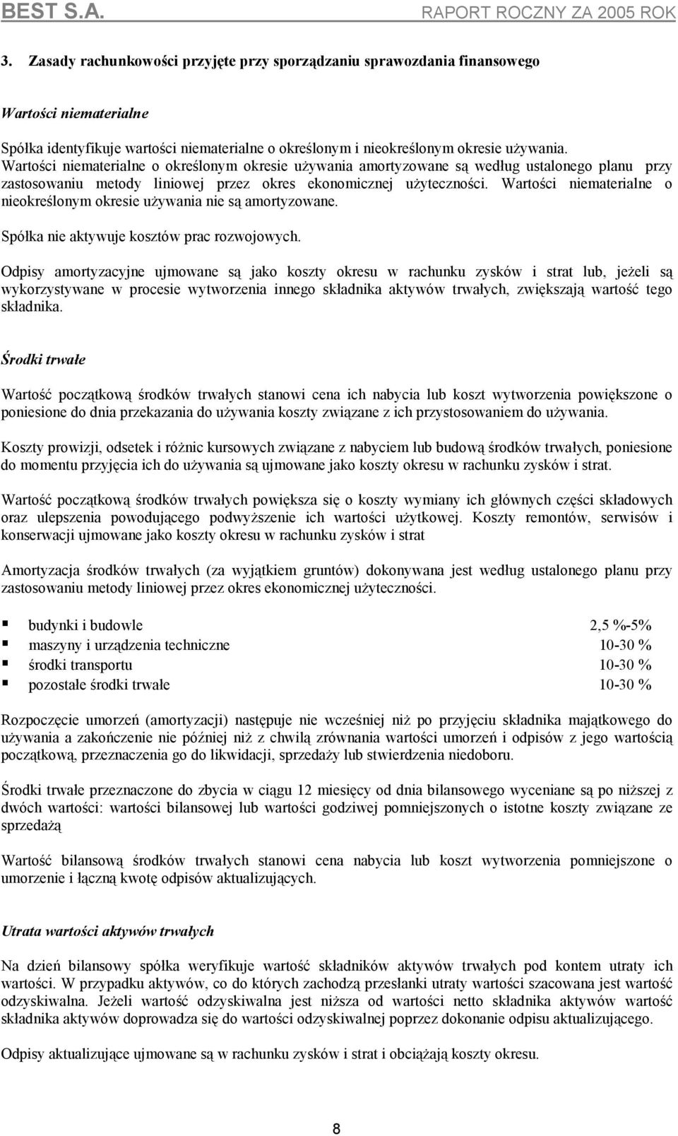Wartości niematerialne o nieokreślonym okresie używania nie są amortyzowane. Spółka nie aktywuje kosztów prac rozwojowych.