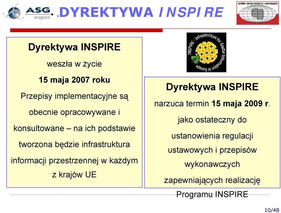 przestrzennej w każdym z krajów UE Dyrektywa INSPIRE narzuca termin 15 maja 2009 r.