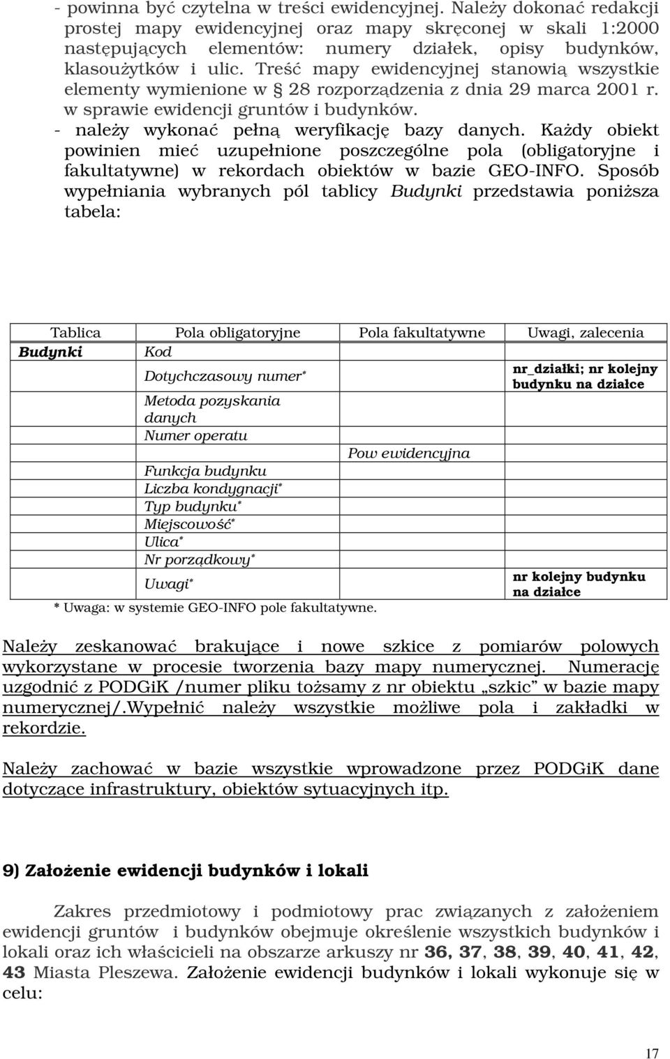 Treść mapy ewidencyjnej stanowią wszystkie elementy wymienione w 28 rozporządzenia z dnia 29 marca 2001 r. w sprawie ewidencji gruntów i budynków. - należy wykonać pełną weryfikację bazy danych.