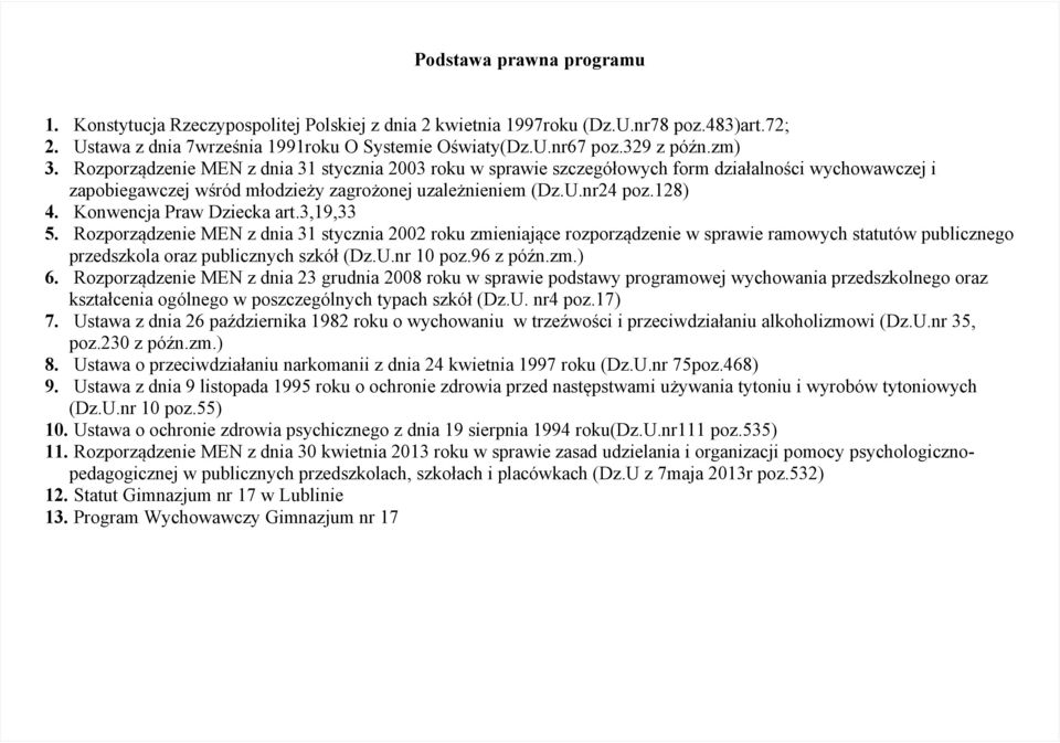 Konwencja Praw Dziecka art.3,19,33 5. Rozporządzenie MEN z dnia 31 stycznia 2002 roku zmieniające rozporządzenie w sprawie ramowych statutów publicznego przedszkola oraz publicznych szkół (Dz.U.