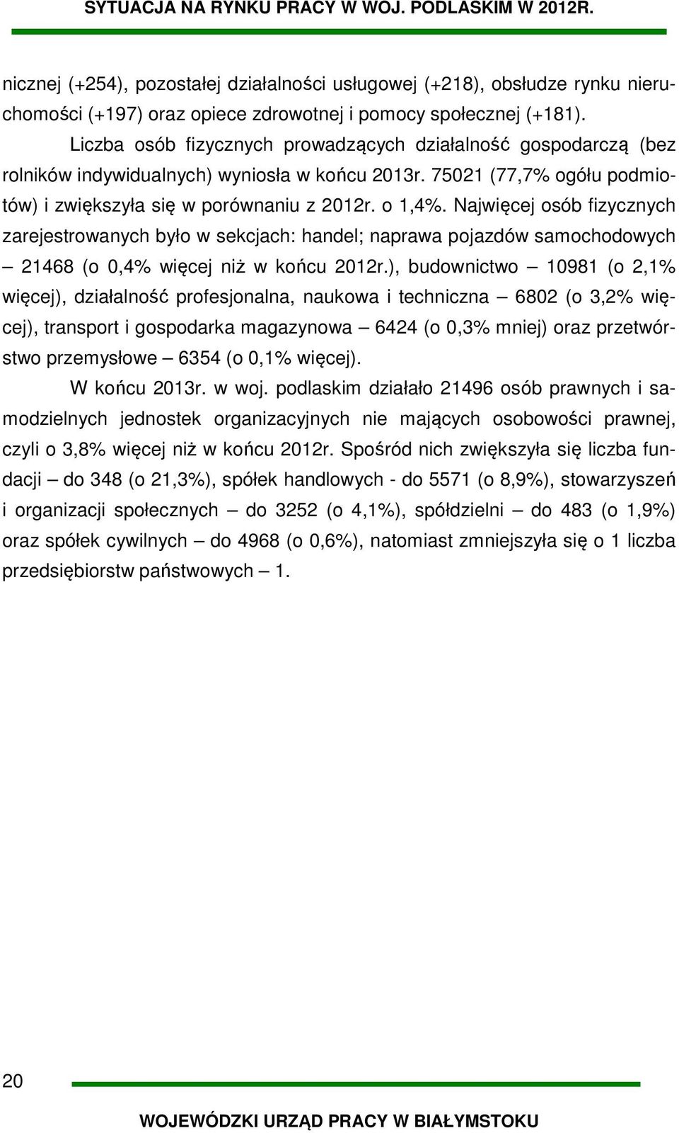 Najwięcej osób fizycznych zarejestrowanych było w sekcjach: handel; naprawa pojazdów samochodowych 21468 (o 0,4% więcej niż w końcu 2012r.