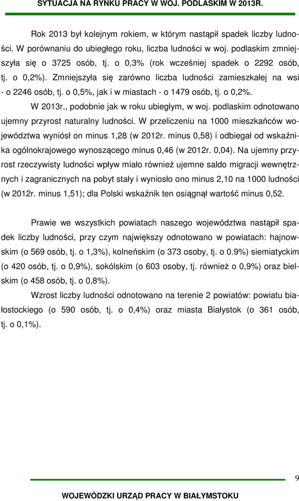 , podobnie jak w roku ubiegłym, w woj. podlaskim odnotowano ujemny przyrost naturalny ludności. W przeliczeniu na 1000 mieszkańców województwa wyniósł on minus 1,28 (w 2012r.