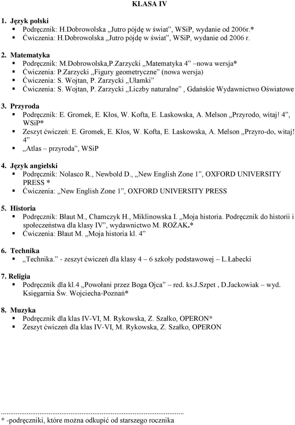 Przyroda Podręcznik: E. Gromek, E. Kłos, W. Kofta, E. Laskowska, A. Melson Przyrodo, witaj! 4, WSiP* Zeszyt ćwiczeń: E. Gromek, E. Kłos, W. Kofta, E. Laskowska, A. Melson Przyro-do, witaj!