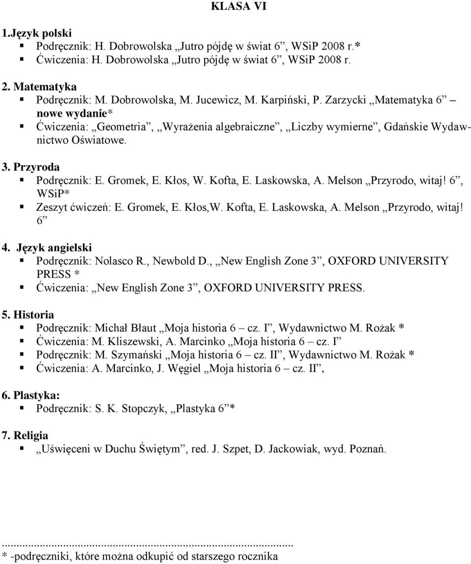 Kłos, W. Kofta, E. Laskowska, A. Melson Przyrodo, witaj! 6, WSiP* Zeszyt ćwiczeń: E. Gromek, E. Kłos,W. Kofta, E. Laskowska, A. Melson Przyrodo, witaj! 6 4. Język angielski Podręcznik: Nolasco R.