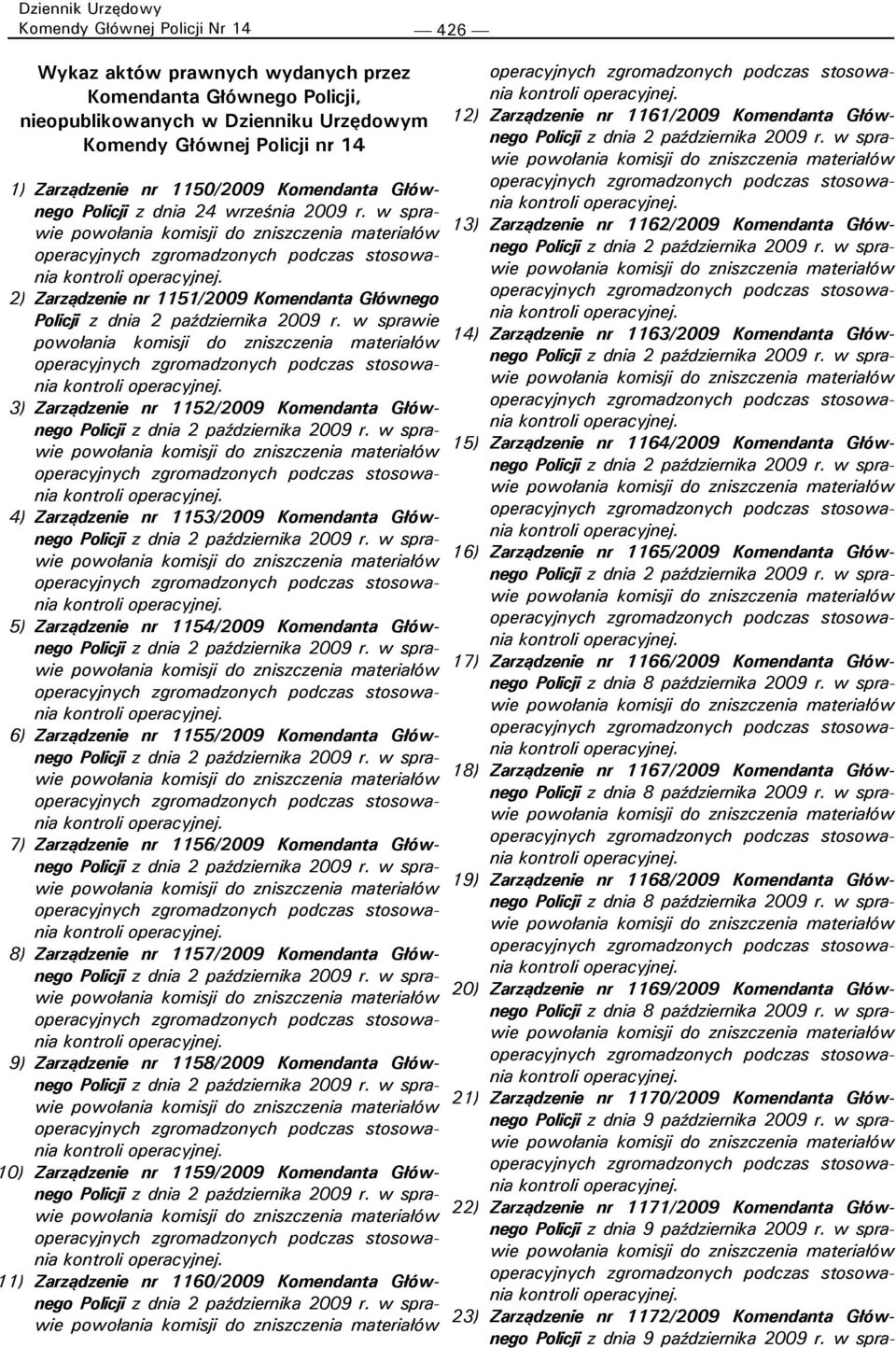 w sprawie 2) Zarządzenie nr 1151/2009 Komendanta Głównego 3) Zarządzenie nr 1152/2009 Komendanta Głównego 4) Zarządzenie nr 1153/2009 Komendanta Głównego 5) Zarządzenie nr 1154/2009 Komendanta