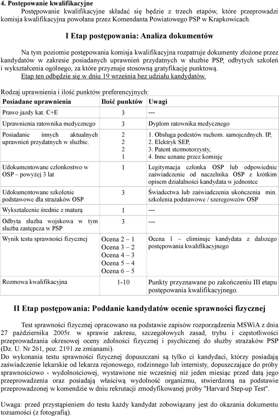 odbytych szkoleń i wykształcenia ogólnego, za które przyznaje stosowną gratyfikację punktową. Etap ten odbędzie się w dniu 19 września bez udziału kandydatów.