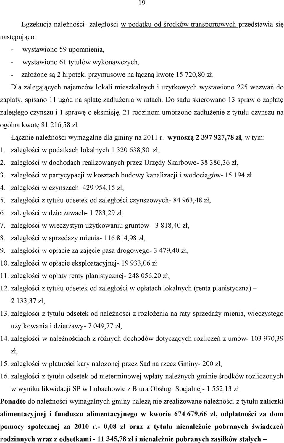 Do sądu skierowano 13 spraw o zapłatę zaległego czynszu i 1 sprawę o eksmisję, 21 rodzinom umorzono zadłużenie z tytułu czynszu na ogólna kwotę 81 216,58 zł.