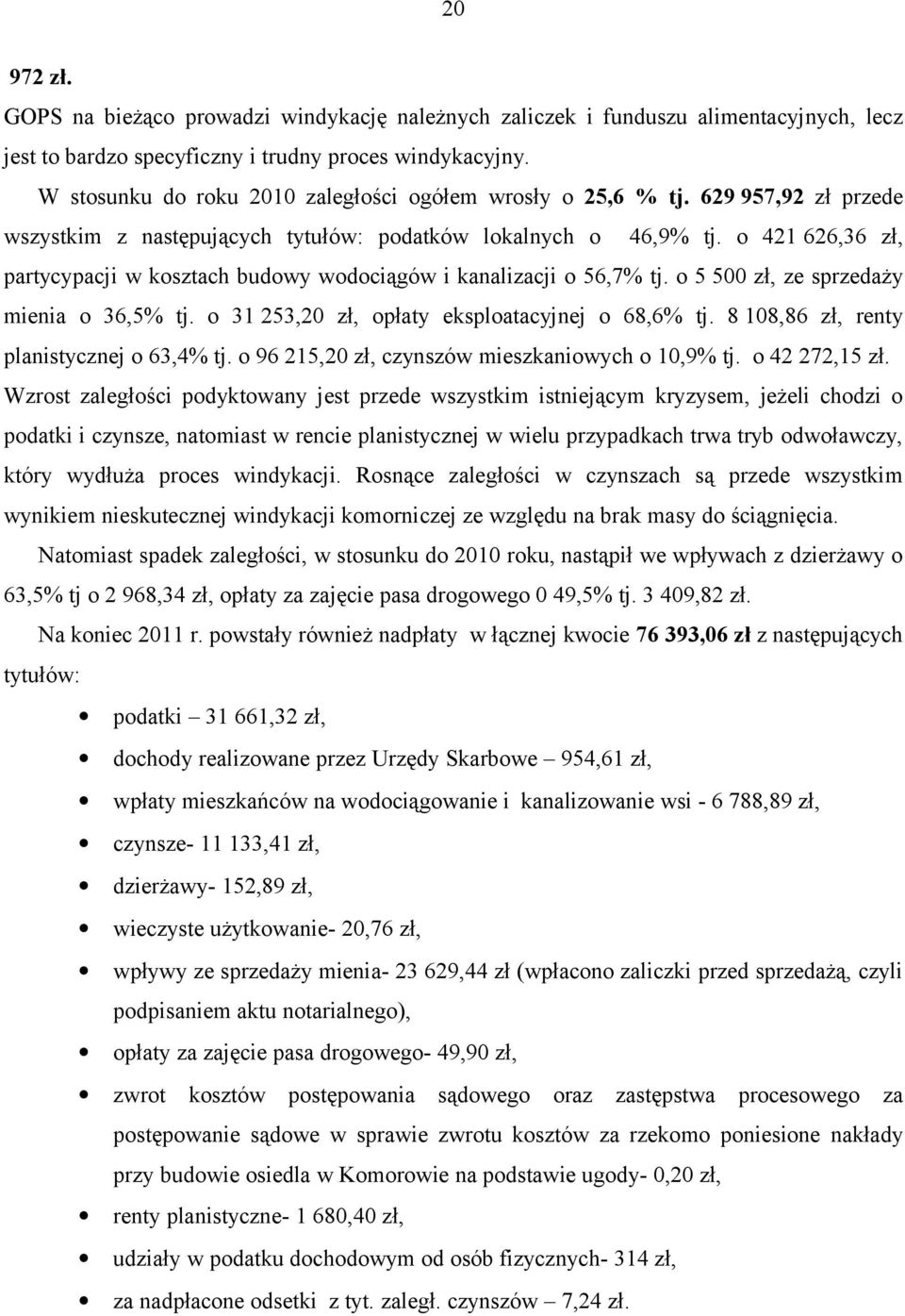 o 421 626,36 zł, partycypacji w kosztach budowy wodociągów i kanalizacji o 56,7% tj. o 5 500 zł, ze sprzedaży mienia o 36,5% tj. o 31 253,20 zł, opłaty eksploatacyjnej o 68,6% tj.