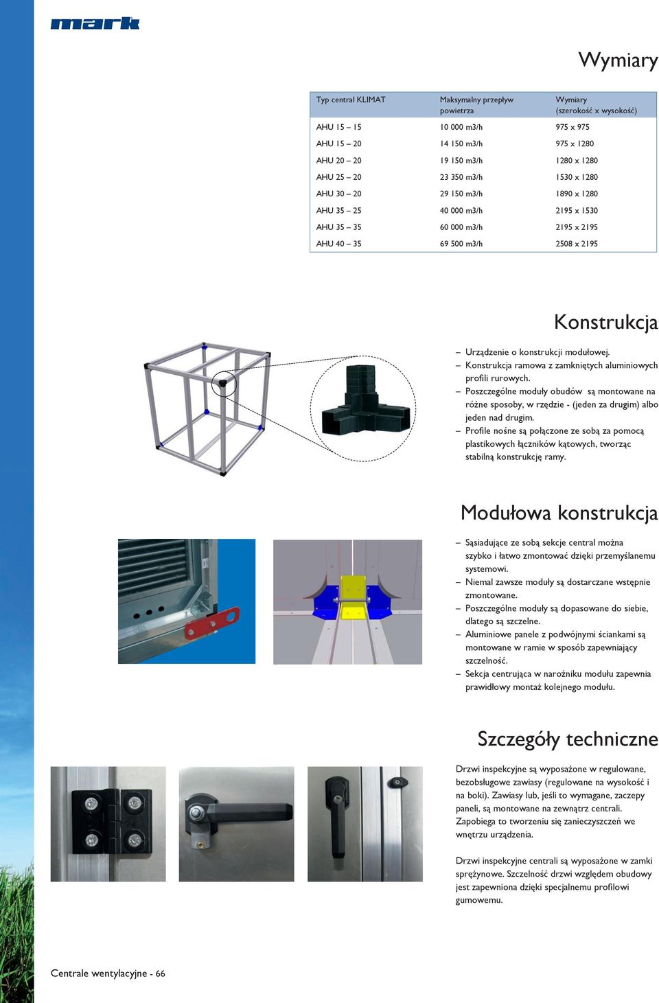 modułowej. Konstrukcja ramowa z zamkniętych aluminiowych profili rurowych. Poszczególne moduły obudów są montowane na różne sposoby, w rzędzie - (jeden za drugim) albo jeden nad drugim.