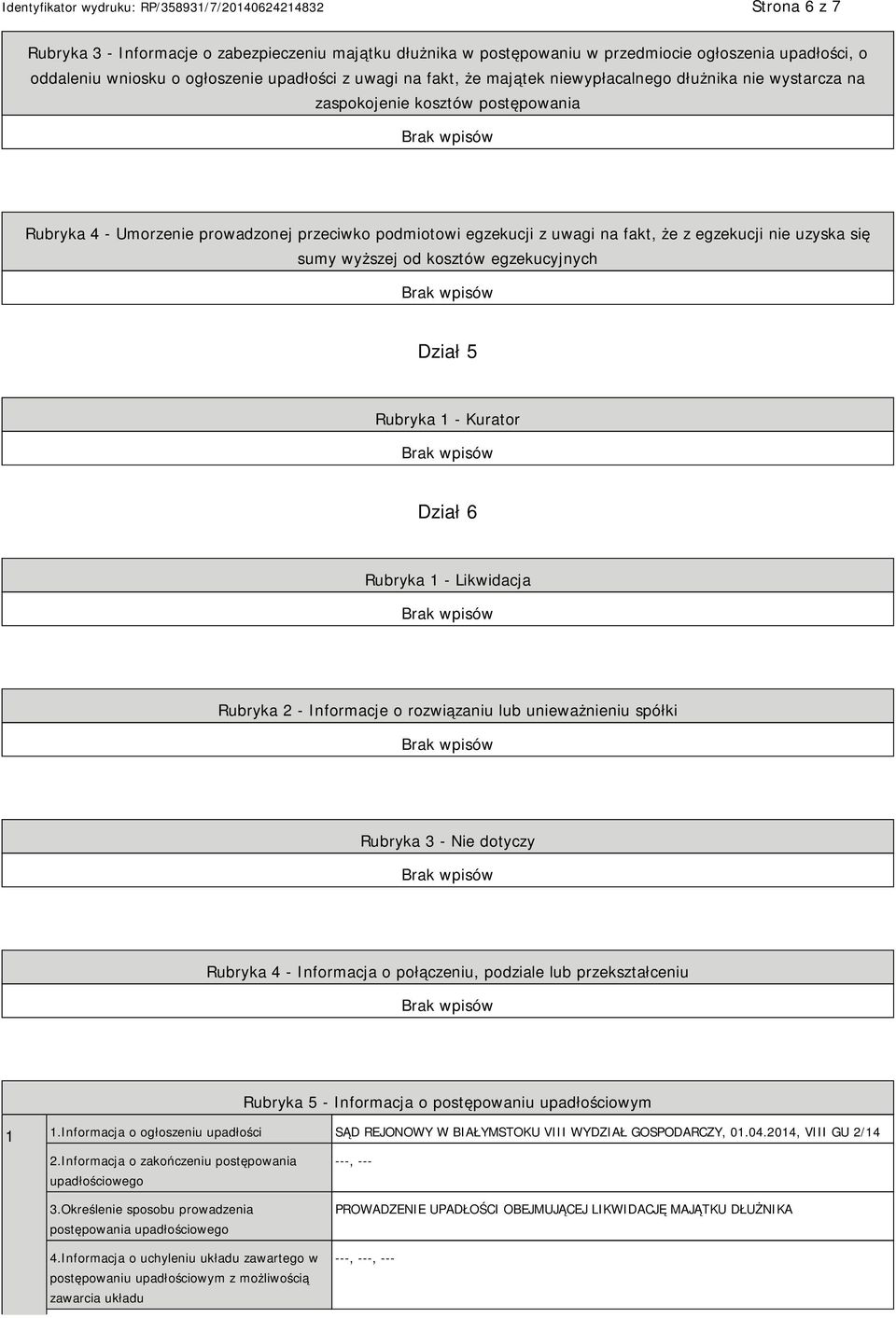 wyższej od kosztów egzekucyjnych Dział 5 Rubryka 1 - Kurator Dział 6 Rubryka 1 - Likwidacja Rubryka 2 - Informacje o rozwiązaniu lub unieważnieniu spółki Rubryka 3 - Nie dotyczy Rubryka 4 -