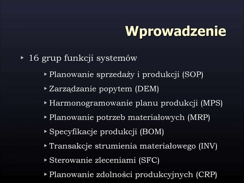 potrzeb materiałowych (MRP) Specyfikacje produkcji (BOM) Transakcje strumienia