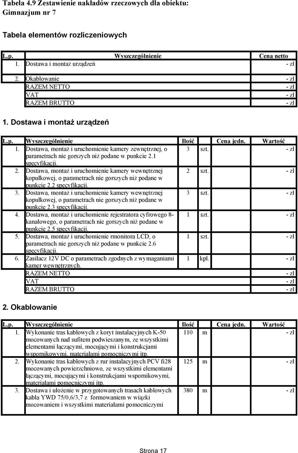 punkcie 2.2 3. Dostawa, montaż i uruchomienie kamery wewnętrznej 3 szt. punkcie 2.3 4. Dostawa, montaż i uruchomienie rejestratora cyfrowego 8- punkcie 2.5 5.