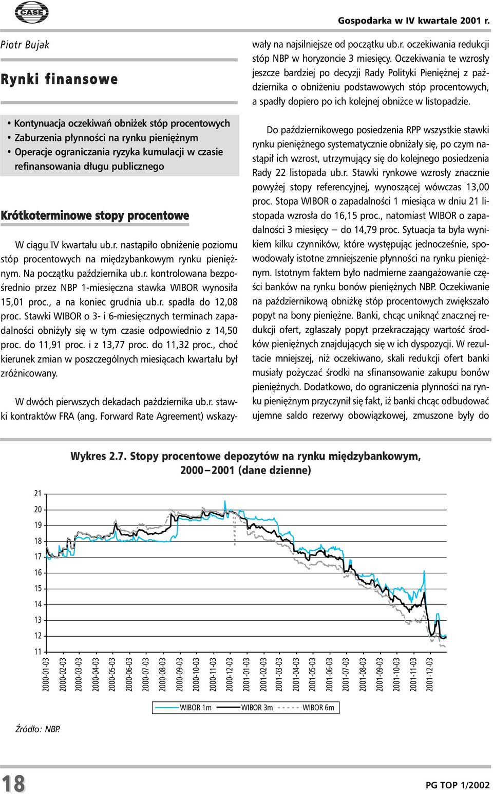 Krótkoterminowe stopy procentowe W ci¹gu V kwarta³u ub.r. nast¹pi³o obni enie poziomu stóp procentowych na miêdzybankowym rynku pieniê - nym. Na pocz¹tku paÿdziernika ub.r. kontrolowana bezpoœrednio przez NBP 1-miesiêczna stawka WBOR wynosi³a 15,01 proc.