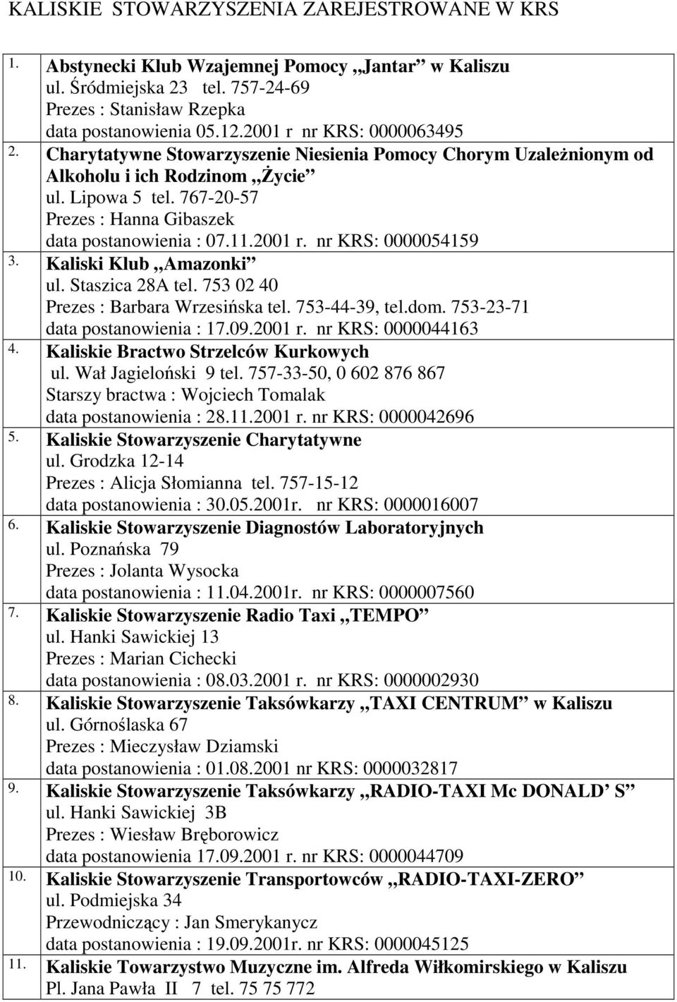767-20-57 Prezes : Hanna Gibaszek data postanowienia : 07.11.2001 r. nr KRS: 0000054159 3. Kaliski Klub Amazonki ul. Staszica 28A tel. 753 02 40 Prezes : Barbara Wrzesińska tel. 753-44-39, tel.dom.