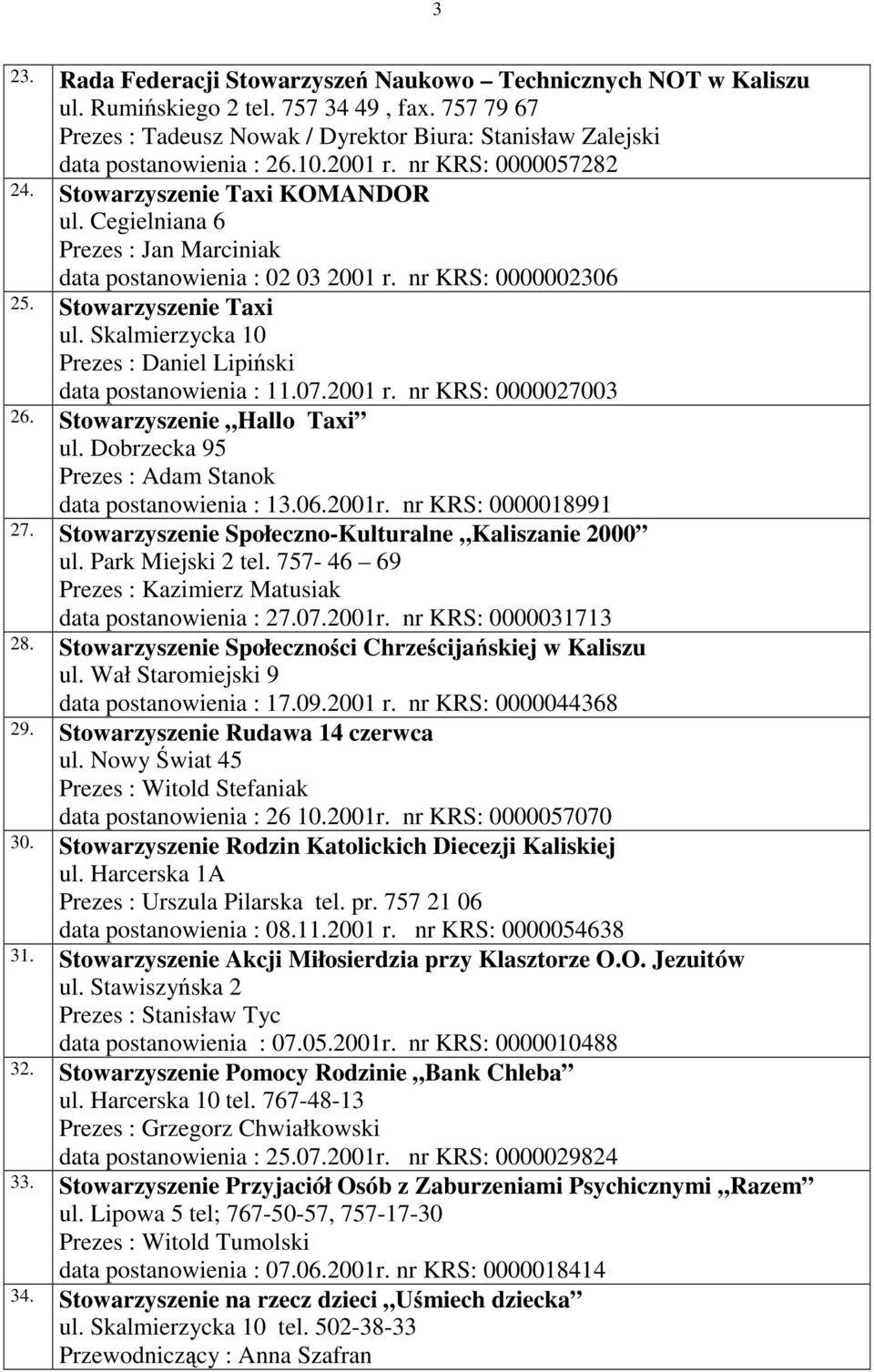 Skalmierzycka 10 Prezes : Daniel Lipiński data postanowienia : 11.07.2001 r. nr KRS: 0000027003 26. Stowarzyszenie Hallo Taxi ul. Dobrzecka 95 Prezes : Adam Stanok data postanowienia : 13.06.2001r.