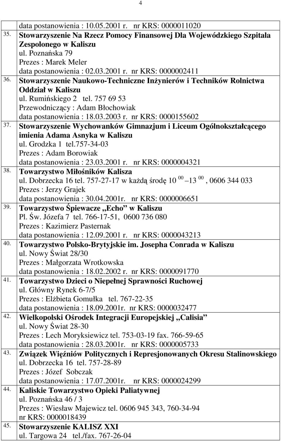 757 69 53 Przewodniczący : Adam Błochowiak data postanowienia : 18.03.2003 r. nr KRS: 0000155602 37. Stowarzyszenie Wychowanków Gimnazjum i Liceum Ogólnokształcącego imienia Adama Asnyka w Kaliszu ul.