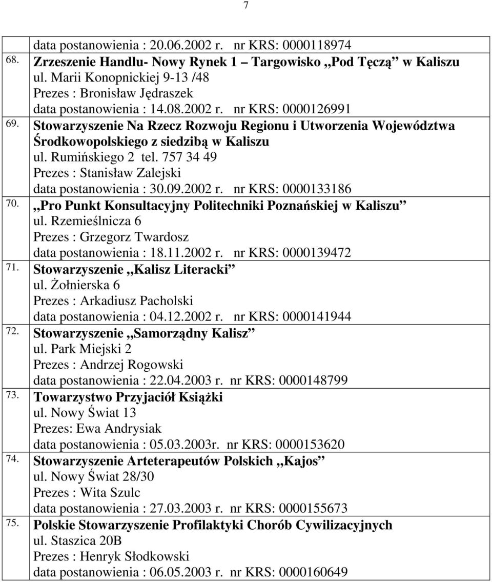 Stowarzyszenie Na Rzecz Rozwoju Regionu i Utworzenia Województwa Środkowopolskiego z siedzibą w Kaliszu ul. Rumińskiego 2 tel. 757 34 49 Prezes : Stanisław Zalejski data postanowienia : 30.09.2002 r.