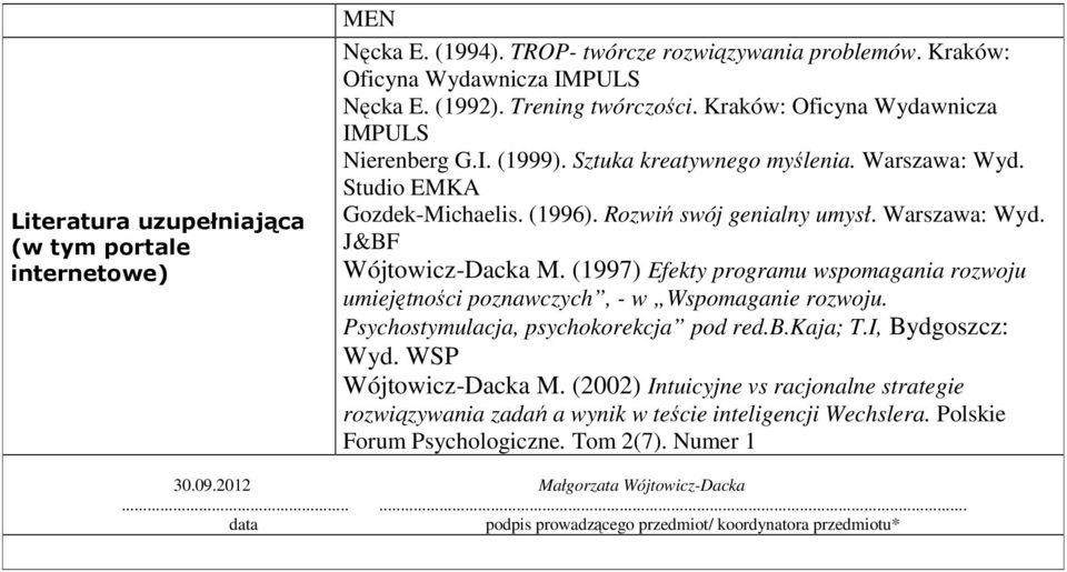 (1997) Efekty programu wspomagania rozwoju umiejętności poznawczych, - w Wspomaganie rozwoju. Psychostymulacja, psychokorekcja pod red.b.kaja; T.I, Bydgoszcz: Wyd. WSP Wójtowicz-Dacka M.