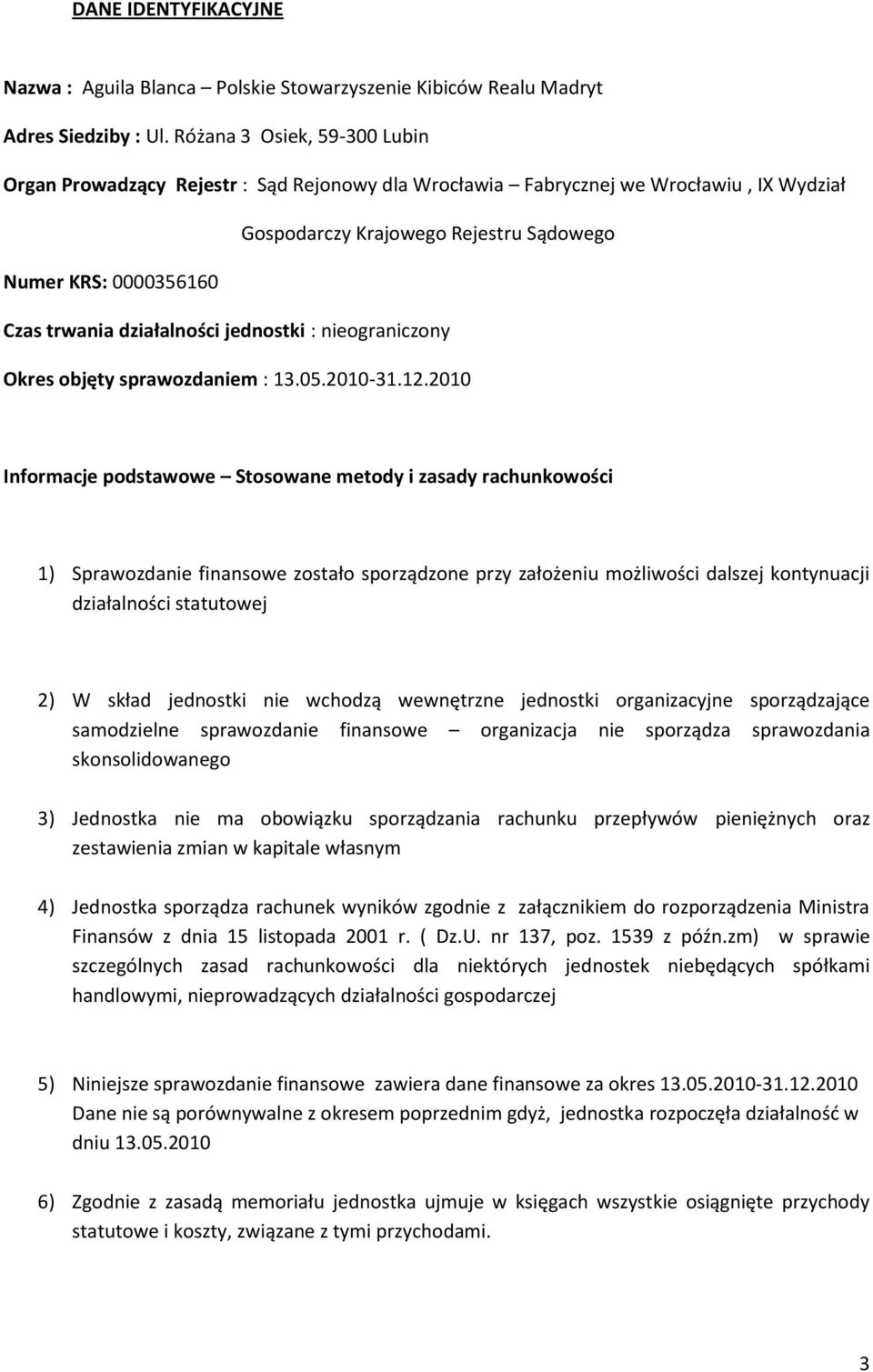 działalności jednostki : nieograniczony Okres objęty sprawozdaniem : 13.05.2010-31.12.