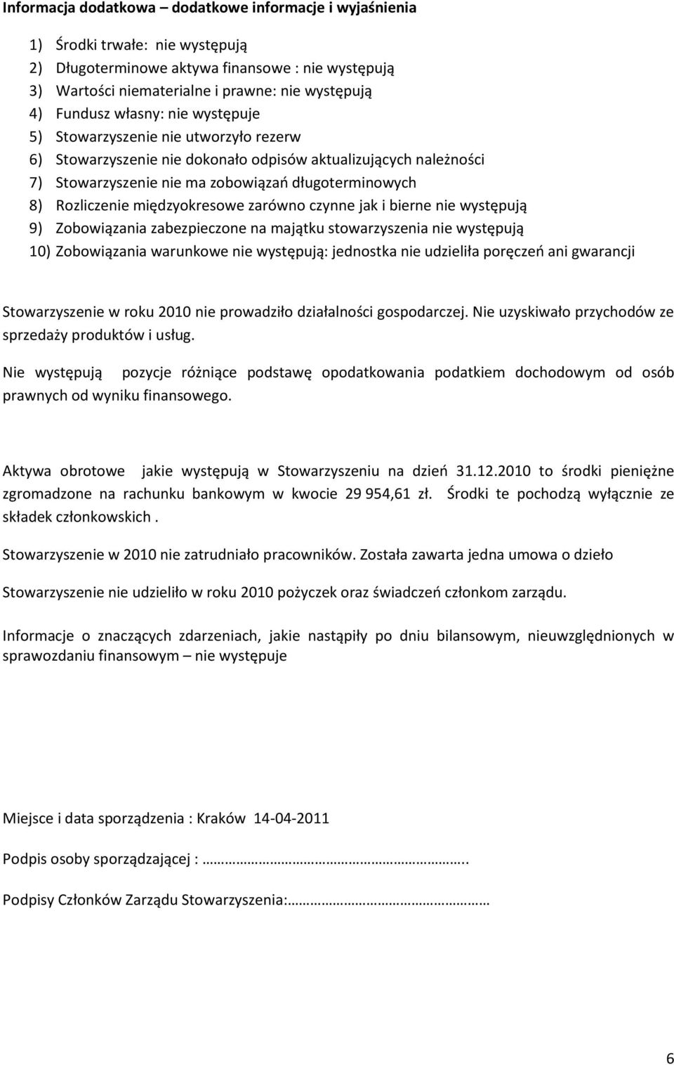 międzyokresowe zarówno czynne jak i bierne nie występują 9) Zobowiązania zabezpieczone na majątku stowarzyszenia nie występują 10) Zobowiązania warunkowe nie występują: jednostka nie udzieliła