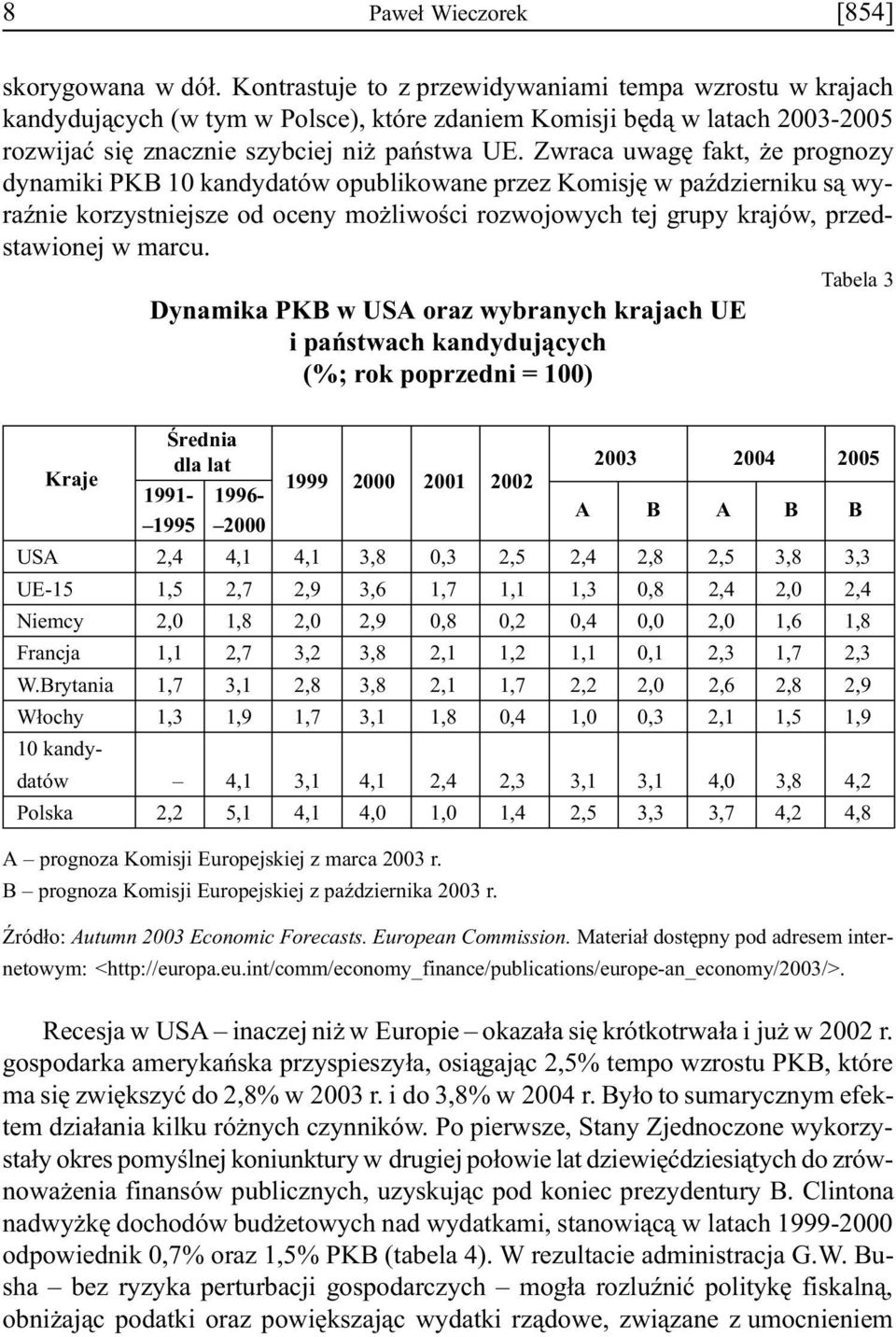 Zwraca uwagê fakt, e prognozy dynamiki PKB 10 kandydatów opublikowane przez Komisjê w paÿdzierniku s¹ wyraÿnie korzystniejsze od oceny mo liwoœci rozwojowych tej grupy krajów, przedstawionej w marcu.