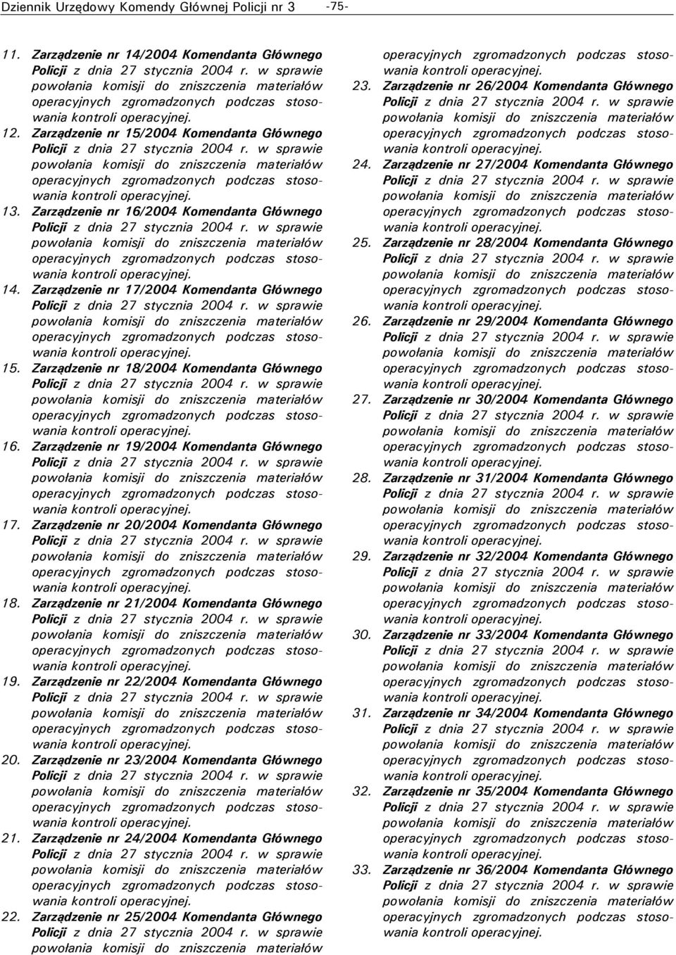 Zarządzenie nr 21/2004 Komendanta Głównego 19. Zarządzenie nr 22/2004 Komendanta Głównego 20. Zarządzenie nr 23/2004 Komendanta Głównego 21. Zarządzenie nr 24/2004 Komendanta Głównego 22.