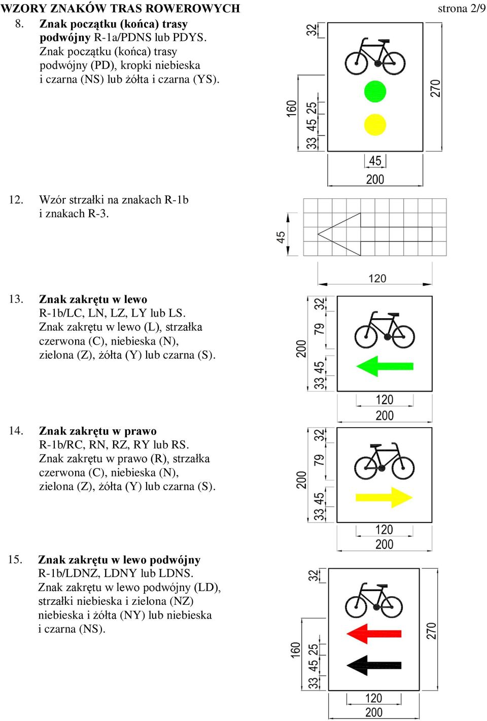 Znak zakrętu w lewo R-1b/LC, LN, LZ, LY lub LS. Znak zakrętu w lewo (L), strzałka czerwona (C), niebieska (N), zielona (Z), żółta (Y) lub czarna (S). 14.