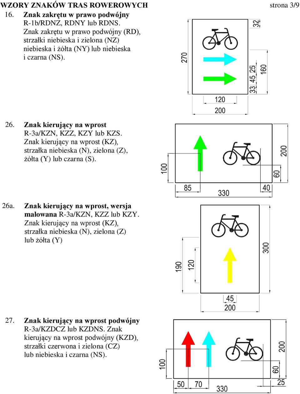 Znak kierujący na wprost R-3a/KZN, KZZ, KZY lub KZS. Znak kierujący na wprost (KZ), strzałka niebieska (N), zielona (Z), żółta (Y) lub czarna (S). 26a.