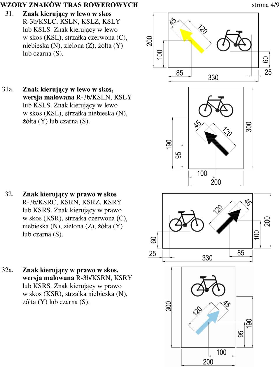 Znak kierujący w lewo w skos, wersja malowana R-3b/KSLN, KSLY lub KSLS. Znak kierujący w lewo w skos (KSL), strzałka niebieska (N), żółta (Y) lub czarna (S). 32.