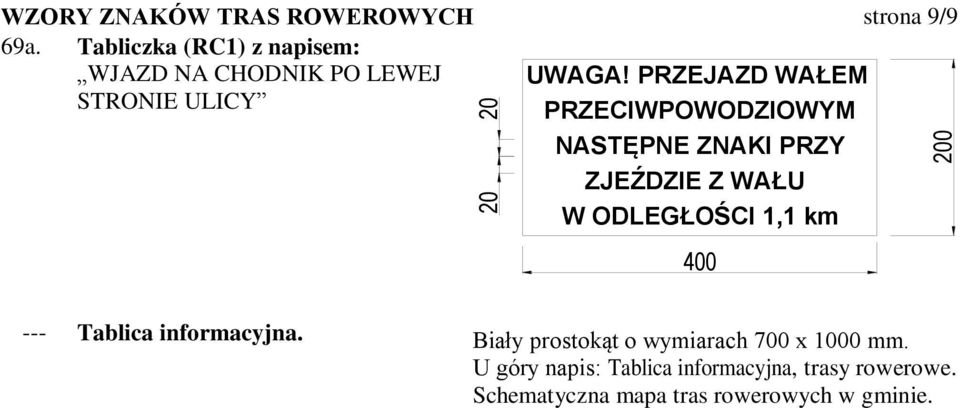 PRZEJAZD WAŁEM STRONIE ULICY PRZECIWPOWODZIOWYM NASTĘPNE ZNAKI PRZY ZJEŹDZIE Z WAŁU W ODLEGŁOŚCI